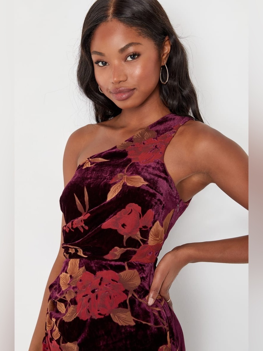 Lulus Unreal Awe Burgundy Floral Burnout Velvet One-Shoulder Dress - Picture 4 of 8